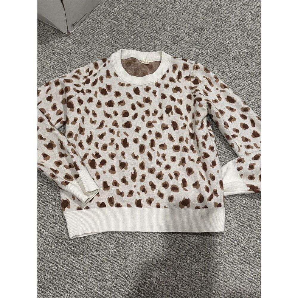 Hem & Thread White Crewneck Sweater with Brown Leopard Spots